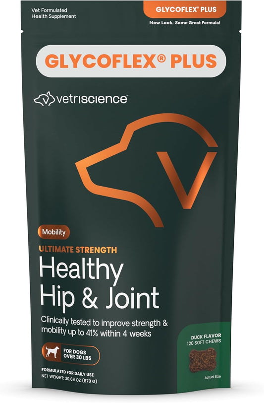VetriScience Ultimate Strength Healthy Hip & Joint Chews, GlycoFlex Glucosamine, Chondroitin and Green-Lipped Mussel Joint Support Supplement for Dogs, Soothe Joint Discomfort, Duck, 120 Count - Pet Explorer