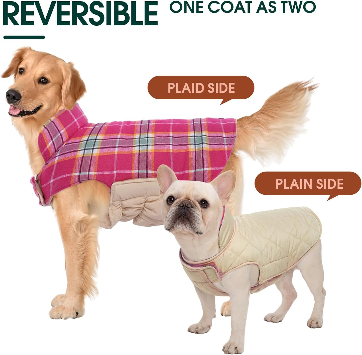 Kuoser Warm Dog Coat, Waterproof Dog Jacket for Extra Large Dogs, Adjustable Durable XXL Doggie Winter Coat Reversible Puppy Cold Weather Apparel from Small to Large Breed, Rose XXL
