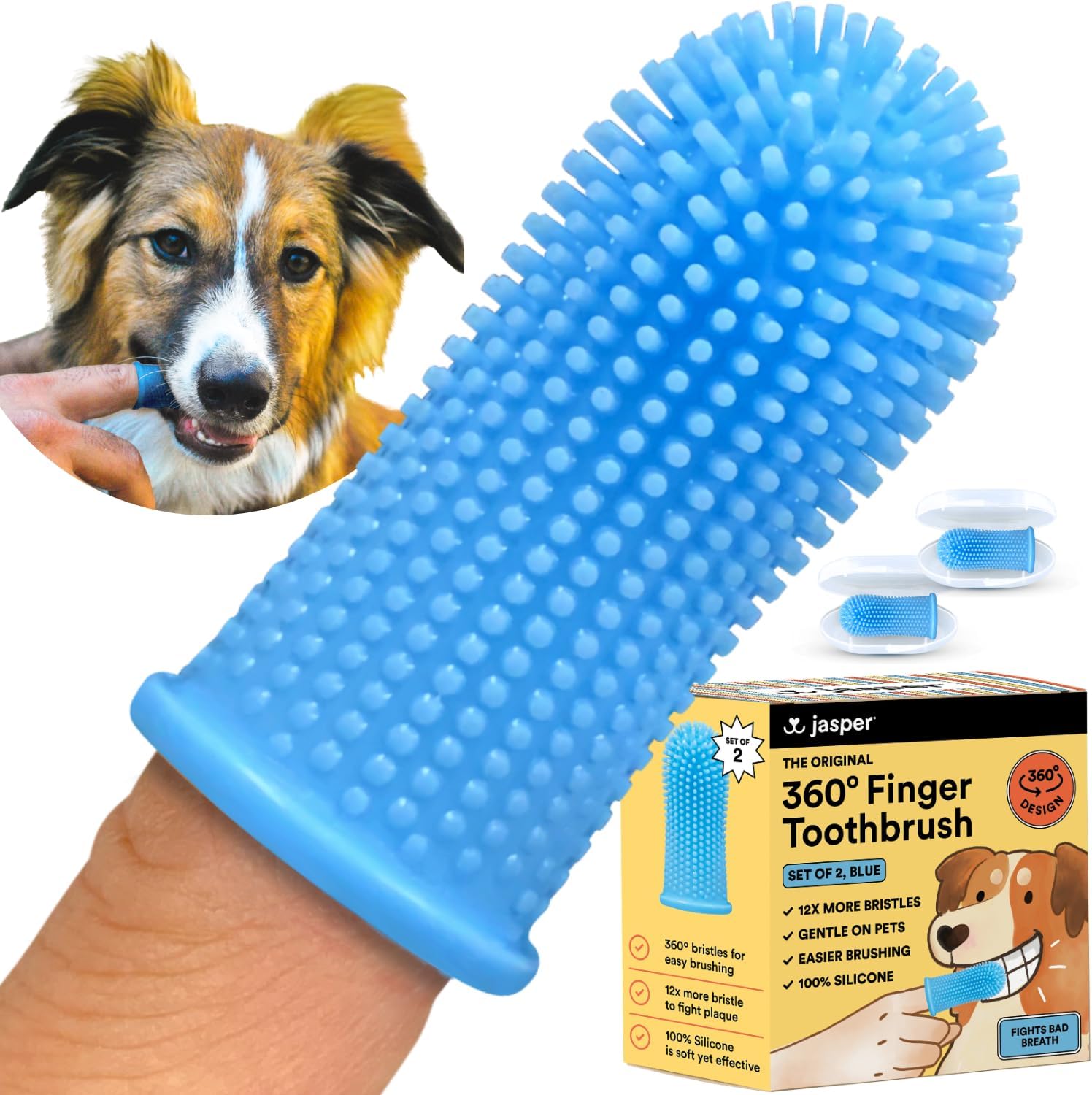 Jasper Dog Toothbrush, 360 Dog Tooth Brushing Kit, Finger Toothbrush, Cat Tooth Brush, Teeth Cleaning, Pet Tooth Brush for Small & Large Pets, Pet Toothpaste Not Included, 2-Pack Blue - Pet Explorer