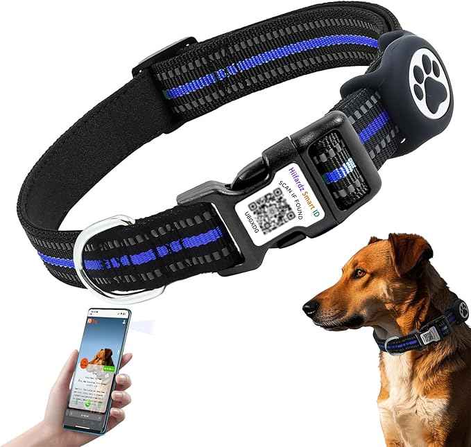 Reflective Dog Collar with QR Code, with Waterproof Holder, Soft Padded, Safety Locking Buckle, Durable, Adjustable & Free Pet Online Profile (Blue,M)