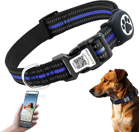 Airtag Dog Collar with QR Code Tag - Reflective Adjustable Nylon Collar, Quick Release Buckle for Small Medium Large Dogs, Comfortable Padded Lining (Blue, L)