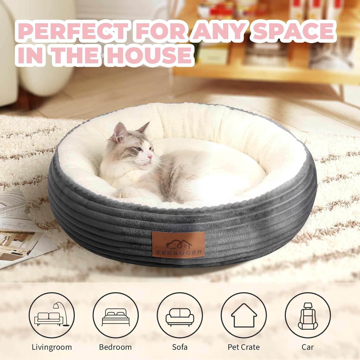 23in Round Cat Dog Bed for Large Medium Small Dogs Cats, Machine Washable Sleeping Sofa, Non-Slip Bottom Breathable Soft Calming Pet Cuddler for Indoor/Outdoor/Car/Cage, Dark Grey - Pet Explorer