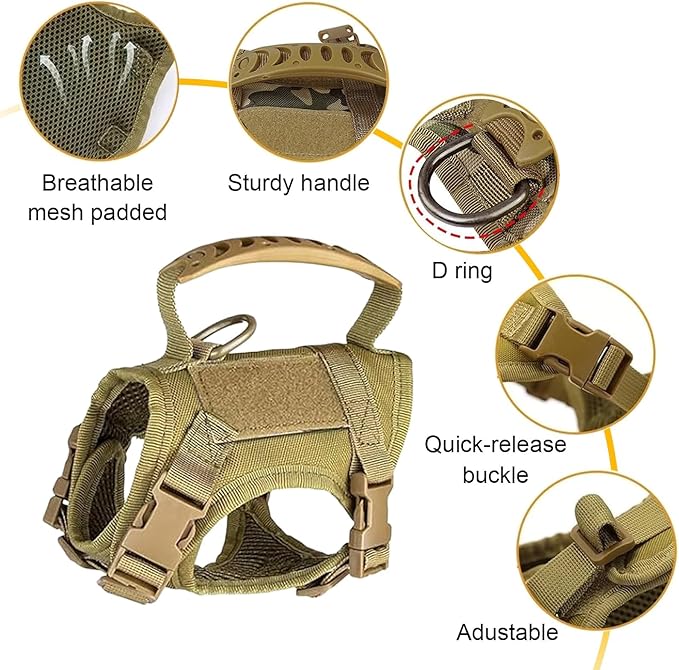 Tactical Cat Harness, Escape Proof Cat Harness with Customizable Patches, Adjustable Military Style Design, Optional Leash (Khaki)