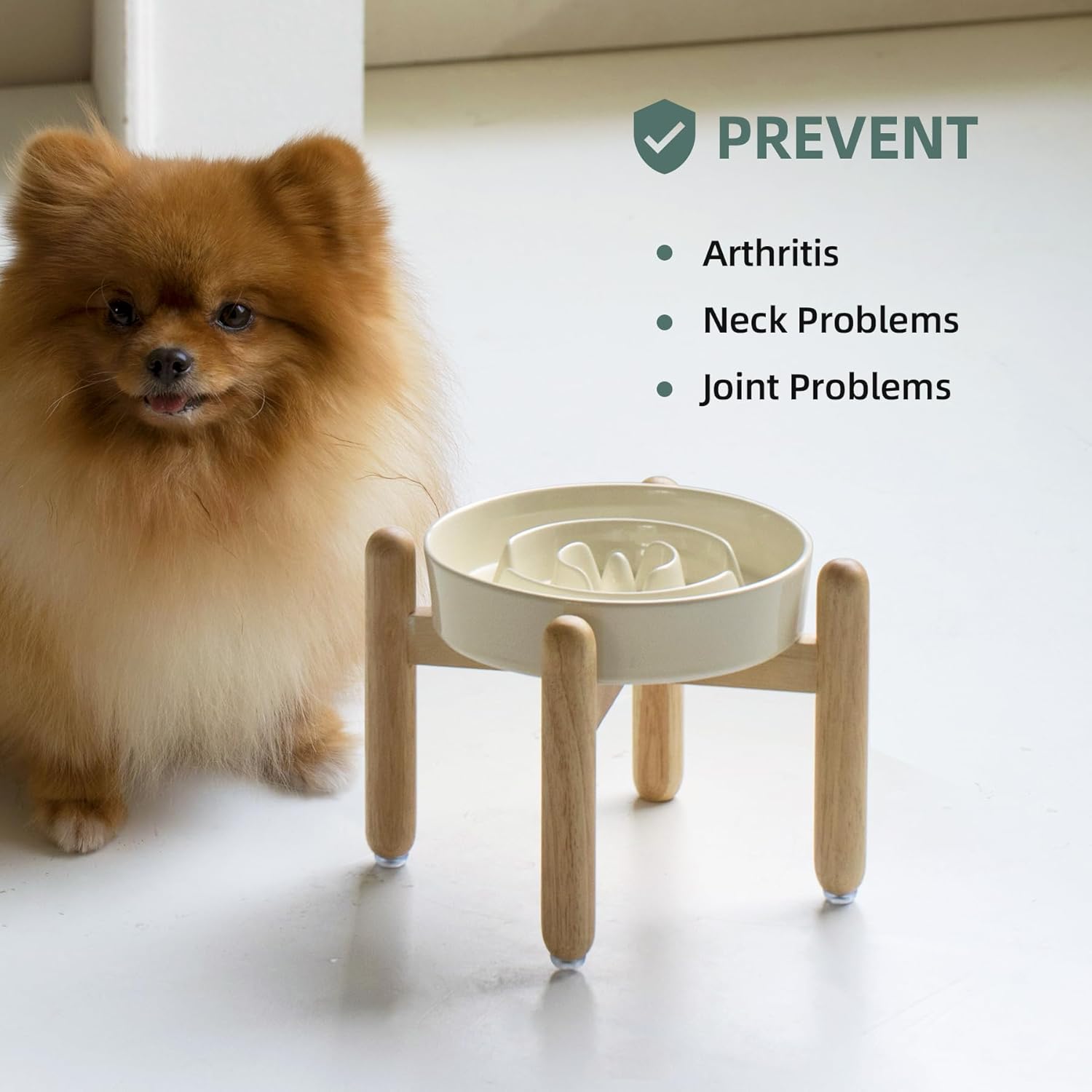 7.3inch Ceramic Raised Slow Feeder Dog Bowl Set, Elevated Wooden Stand for Medium and Small Dog, Puzzle Slow Dish, Anti-Gulping(Beige, Single Bowl+ Stand) - Pet Explorer