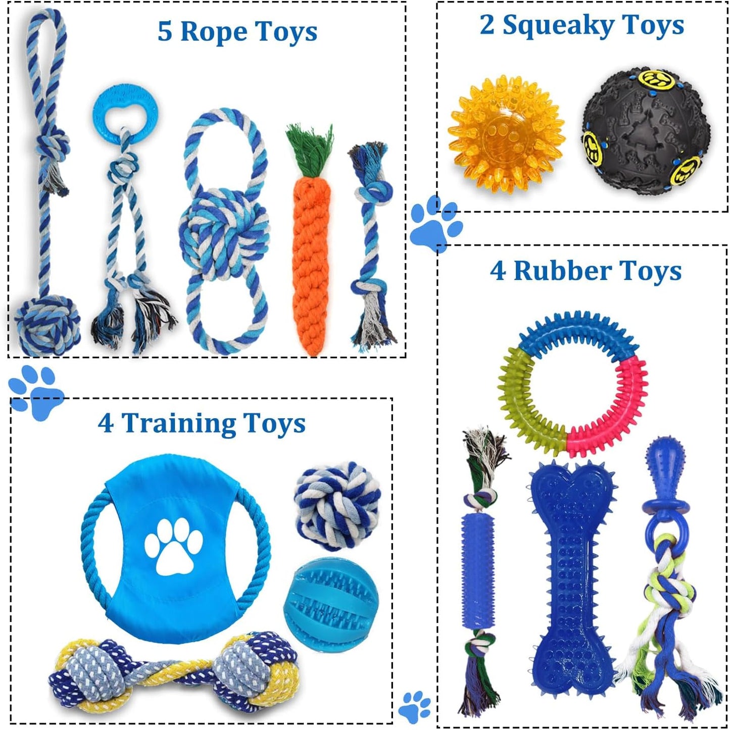 Dog Toys 15 Pack for Teeth Cleaning and Fun, Puppy Teething Chew Toys Interactive Rope Squeaky Treat Balls & Rubber Tous Bulk– Variety Dog Gifts Set Reduce Anxiety & Save Furniture - Pet Explorer