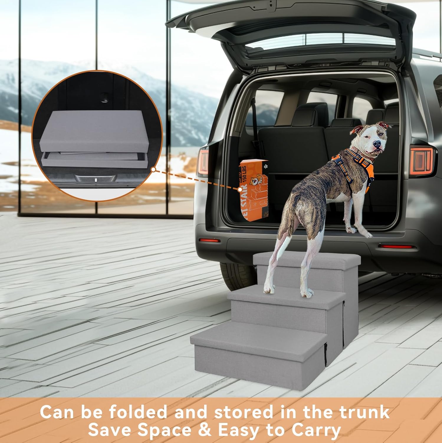 Dog Stairs 18" H, 3-Step Wider Dog Steps for High Beds Couch, Folding Storage Pet Stairs Gift for Small/Medium/Large Old Dogs Cats, Ramp for Climbing Car Up to 200 lbs, (Gray, with Condo) - Pet Explorer