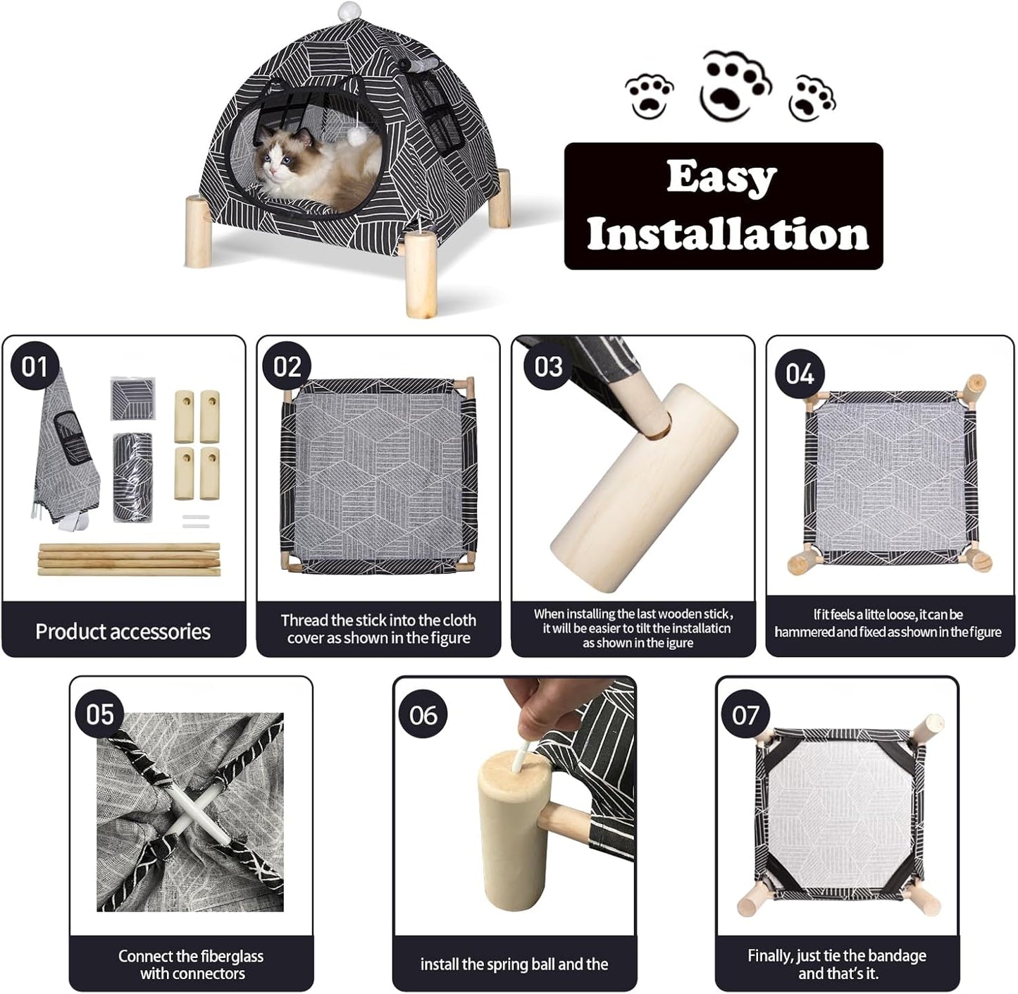 2-in-1 Elevated Cat Tent Cat House, Quick Assembly and Disassembly, Portable Indoor/Outdoor Cute Cat Bed Cave-Black Diamond Pattern - Pet Explorer