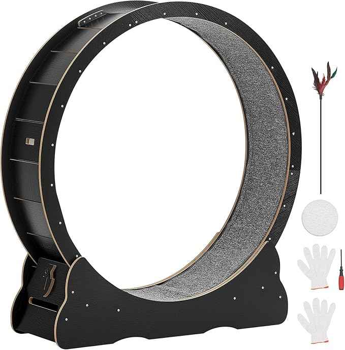 VEVOR Cat Exercise Wheel, 48 in Wooden Cat Running Wheel for Indoor Cats up to 28 lbs, Cats Treadmill with Carpeted Runway & Locking Mechanism, Quiet Kitten Sport Toys for Pets Fitness & Health, Black