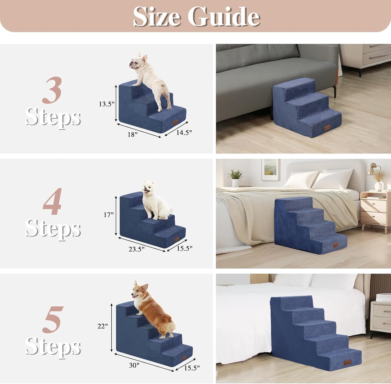 GGIB Dog Stairs for Small Dogs Cats Non-Slip Dog Steps for High Bed Pet Stairs for Sofa Couch Pet Ramp Pet Steps with Removable Washable Cover, 13" H, 3-Step - Pet Explorer