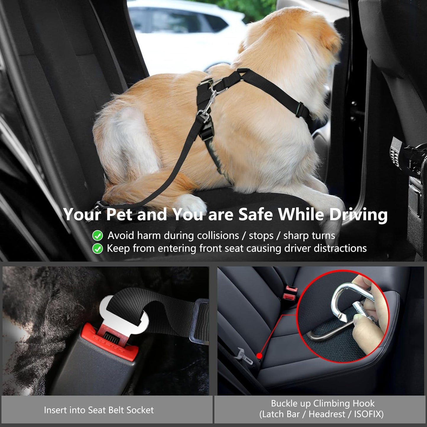 Dog Seat Belt, Safety Vest Dog Car Harness with Adjustable Buckle Dog Seat Belt for Vehicle Nylon Pet Safety Seat Belts Heavy Duty(S, Black Daisy) - Pet Explorer