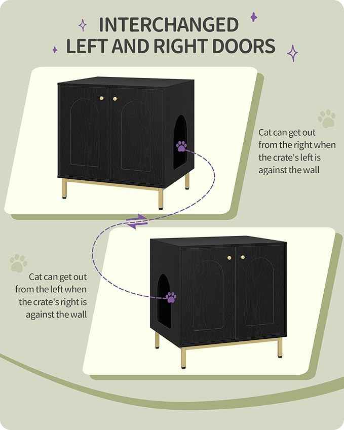 Cat Litter Box Enclosure, Hidden Litter Box Furniture Cabinet, Wooden Indoor Cat House, Side End Table, Living Room, Bedroom, Black and Gold CB81204G