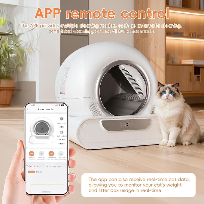 Self Cleaning Cat Litter Box, Automatic Smart Litter Box with App Control & Health Monitoring, Spacious Entry for Multiple Cats, Odor Removal System, Large Enclosed Design White US Plug