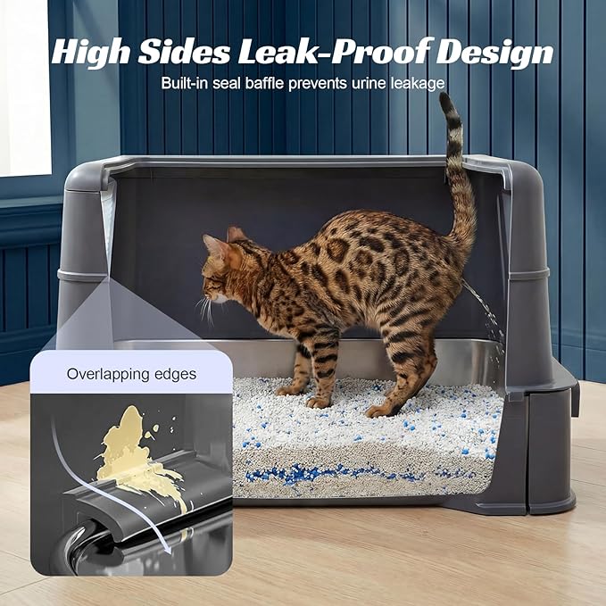 Stainless Steel Enclosed Cat Litter Box with Lid, Extra Large Kitty Litter Box with Drawer, Front & Top Entry Metal Cat Box for Big Cats, Odor Control, Easy to Clean, Grey