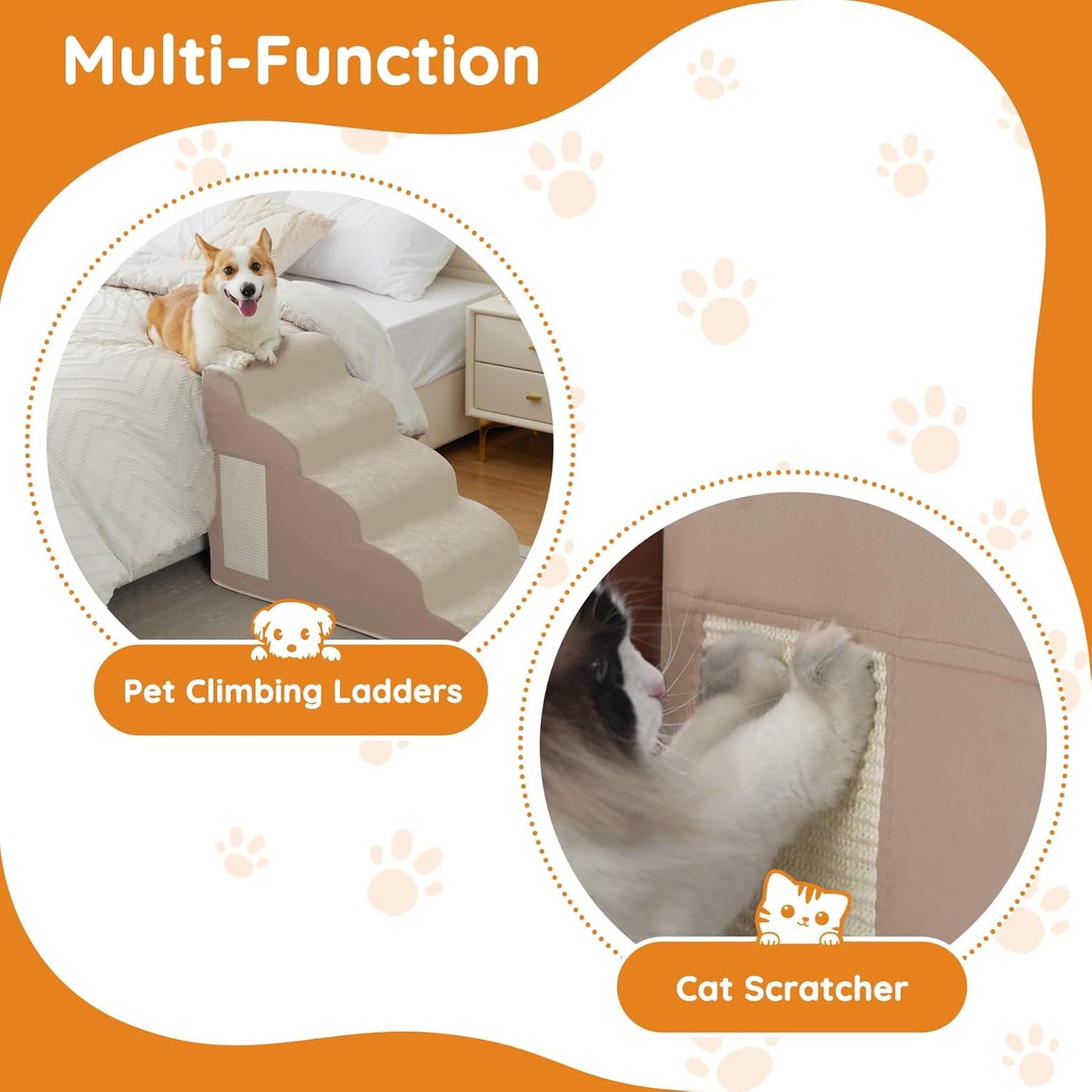 Pet Stairs, Dog Stairs for Small Dogs, Dogs Steps, 5-Step Curved Dog Ramp for Bed, Couch, Sofa, Car and Chairs, Non-Slip Bottom Design, Cat Scratching Board, High Density Foam Portable Pet Step, Beige - Pet Explorer