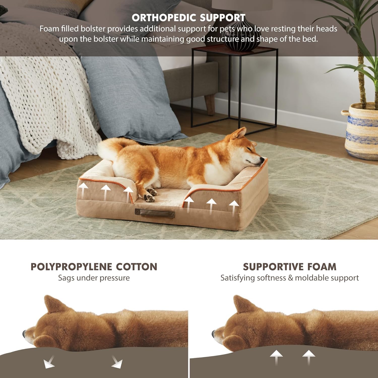 Friends Forever Orthopedic Dog Bed for Medium Dogs, Waterproof Memory Foam Dog Sofa Bed M with Removable Washable Cover, Ally Khaki, 28x23x6.5 - Pet Explorer