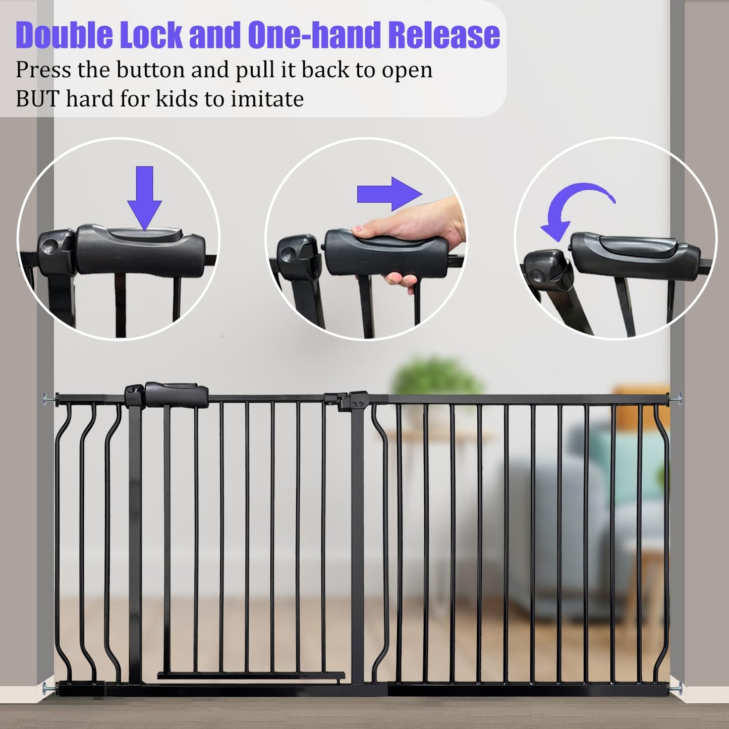 Wide Baby Gate 67-71.5 Inch Heavy Duty Steel Safety for Stairs, Pressure-Mounted Indoor Dog, No Drilling, Modern Home Design, Black