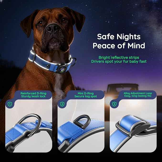 WhoseID Premium Leather Dog Collar - Waterproof AirTag Dog Collar | Magnetic Buckle Heavy Duty Collar | Medium Reflective Dog Collar with AirTag Holder
