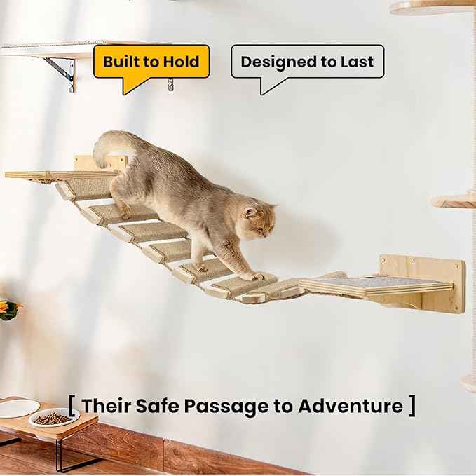 20in Cat Ladder & Bridge, Outdoor Cat Tree with Jute Rope, Multi-Level Climbing Frame & Scratcher for Indoor/Outdoor Cats (Wood Tone, 20in)