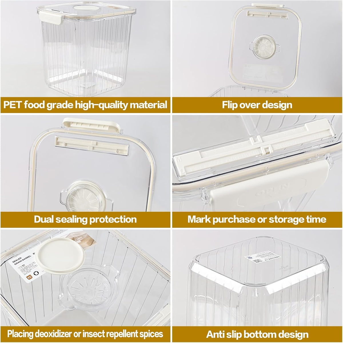 22 Lbs Large Rice Storage Container with Measuring Cup, Clear Pets Food Bin with Seal Locking Lid, Dry Food Flour Bin for Rice, Flour, Pet Food, Baking Supplies