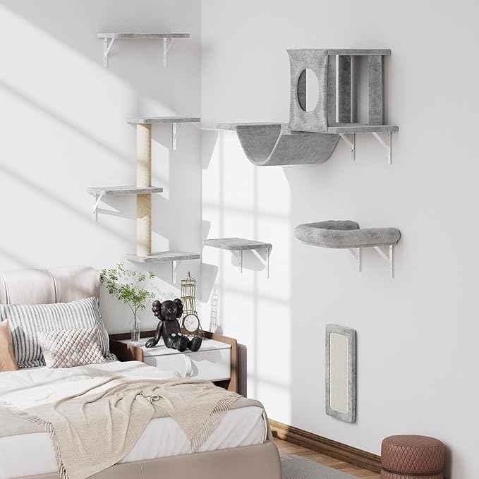 NUNU LAB Wall Mounted Cat Wall Shelves, 12-in-1 Cat Wall Climber with Condos House, Scratching Post, Bridge Ladder, Indoor Space-Saving Furniture for Kittens Play, Gray