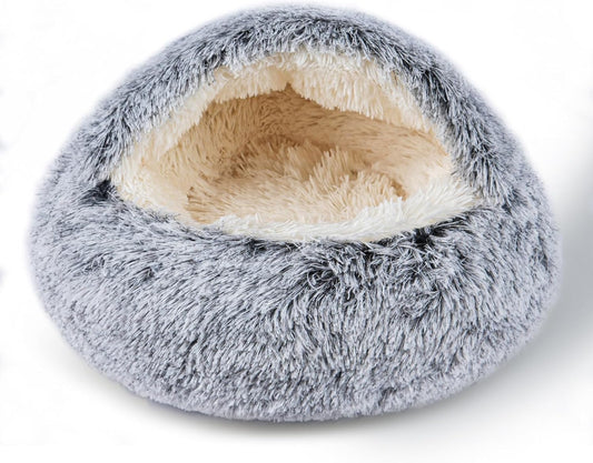 Cat Bed for Indoor Cats, Calming Cozy Cave with Self-Warming Plush, Entire Bed Machine Washable & Anti-Slip Base, Breathable Pet Bed for Small Cats&Dogs All Seasons (Grey, 24 * 24inch) - Pet Explorer