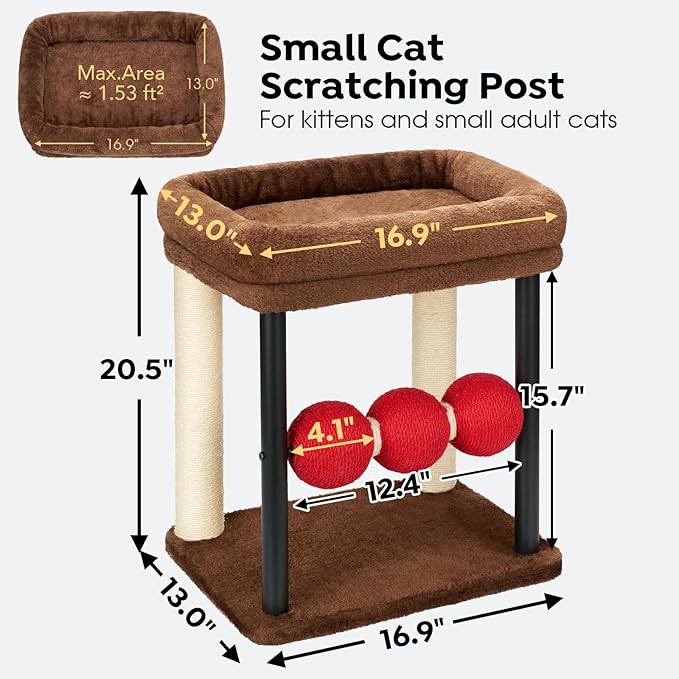 Veehoo Small Cat Tree, Cat Scratching Post with 17"x13" Wide Top Bed, 20.5" Sturdy Cats Tower with Natural Sisal Scratch Posts & Rotatable Balls for Small Spaces, Kittens