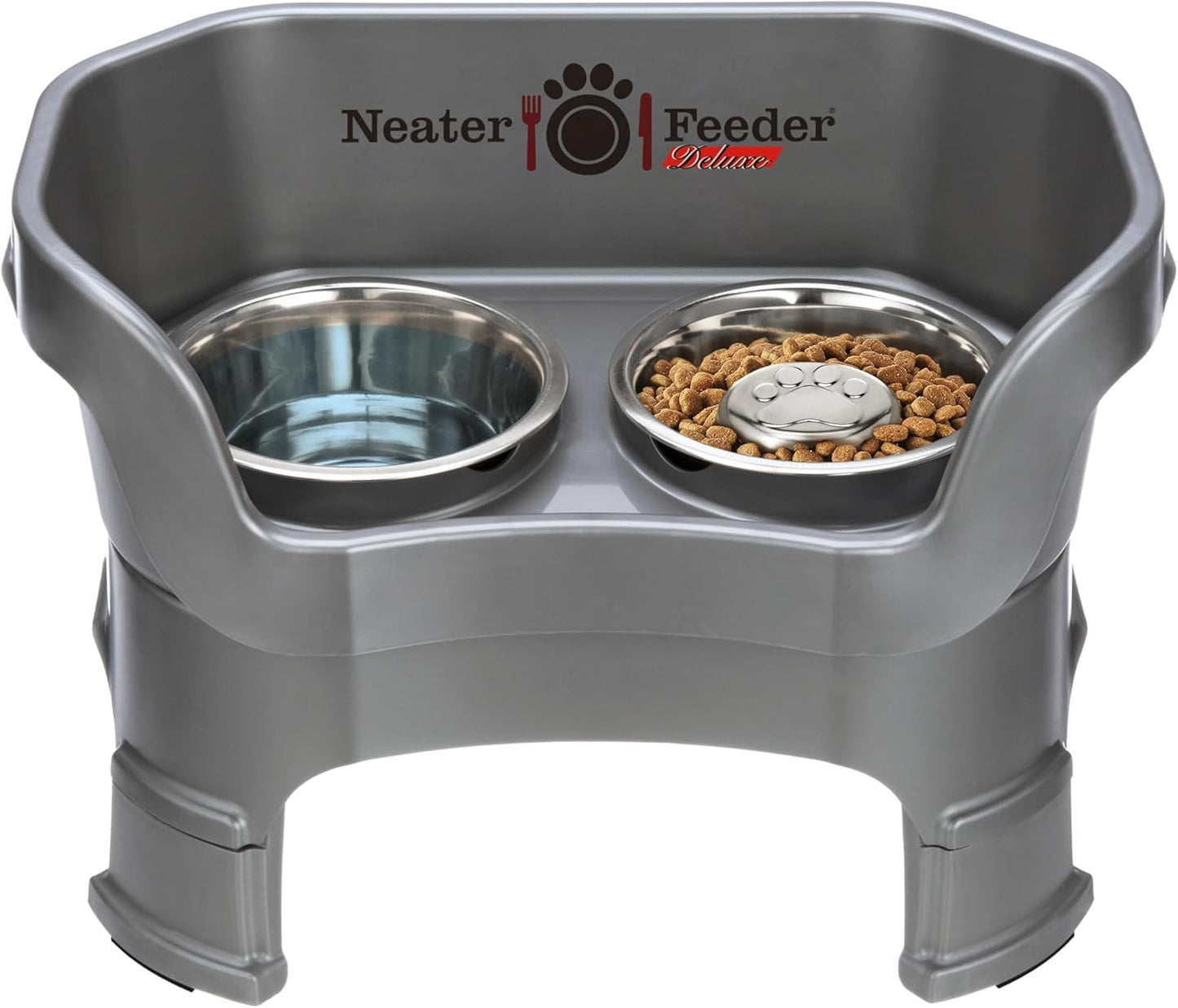 Neater Feeder Deluxe Mess Proof Dog Bowls Elevated for Medium Sized Breeds – Made in USA – No Spill Raised Slow Feeder Elevated Dog Bowl Stand w/Leg Extensions, Food and Water Bowl Set, Grey - Pet Explorer