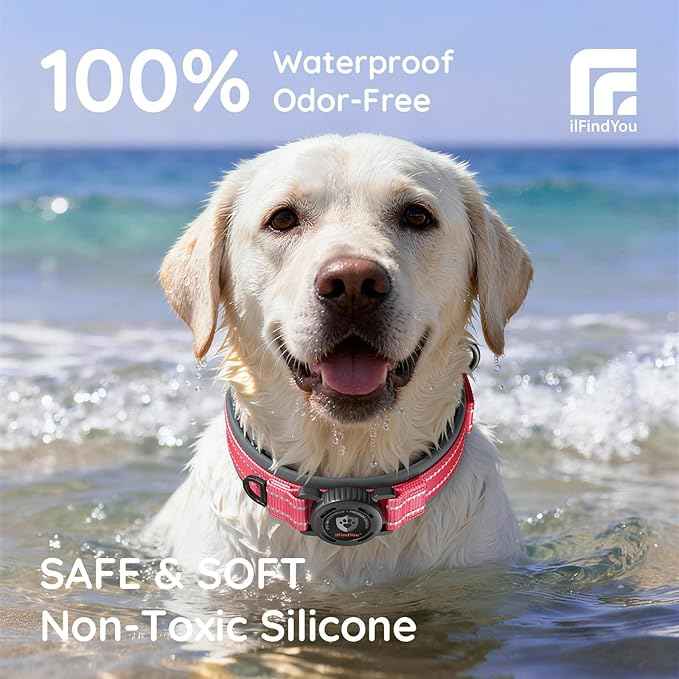 Upgraded AirTag Dog Collar with Holder, Waterproof Reflective Air Tag Dog Collar with Widened Comfortable Padding & Ultra-Durable Metal Buckle, Adjustable for Medium (Rose Red, Small)