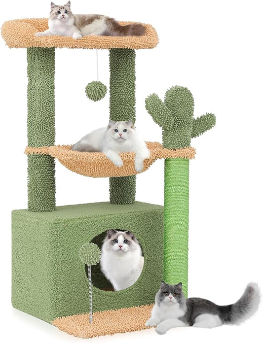 Magshion 33" Cactus Cat Tree for Indoor Cats, Multi-Level Cat Tower with Scratching Posts, Top Perch, Platforms and Hanging Balls, Fun Climbing Playhouse for Kittens and Adults
