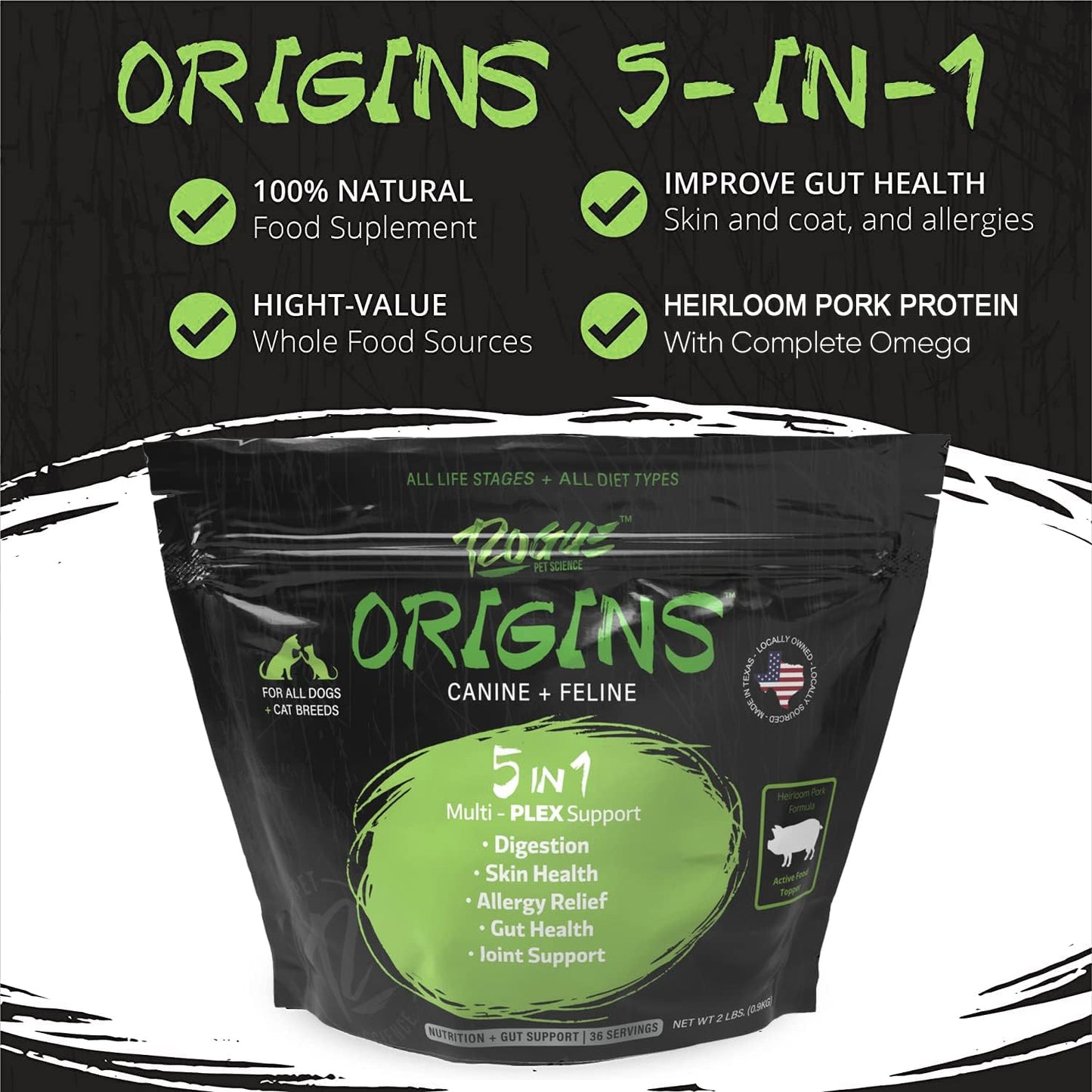 Origins 5-in-1 Dog Supplement - Powdered Food Topper w/Natural Heirloom Pork Protein- Supports Healthy Digestion, Skin, and Coat - Helps Reduce Itching & Joint Inflammation (2 lbs) - Pet Explorer