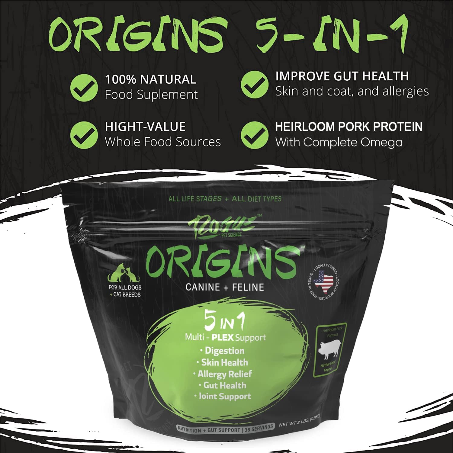 Origins 5-in-1 Dog Supplement - Powdered Food Topper w/Natural Heirloom Pork Protein- Supports Healthy Digestion, Skin, and Coat - Helps Reduce Itching & Joint Inflammation (2 lbs) - Pet Explorer