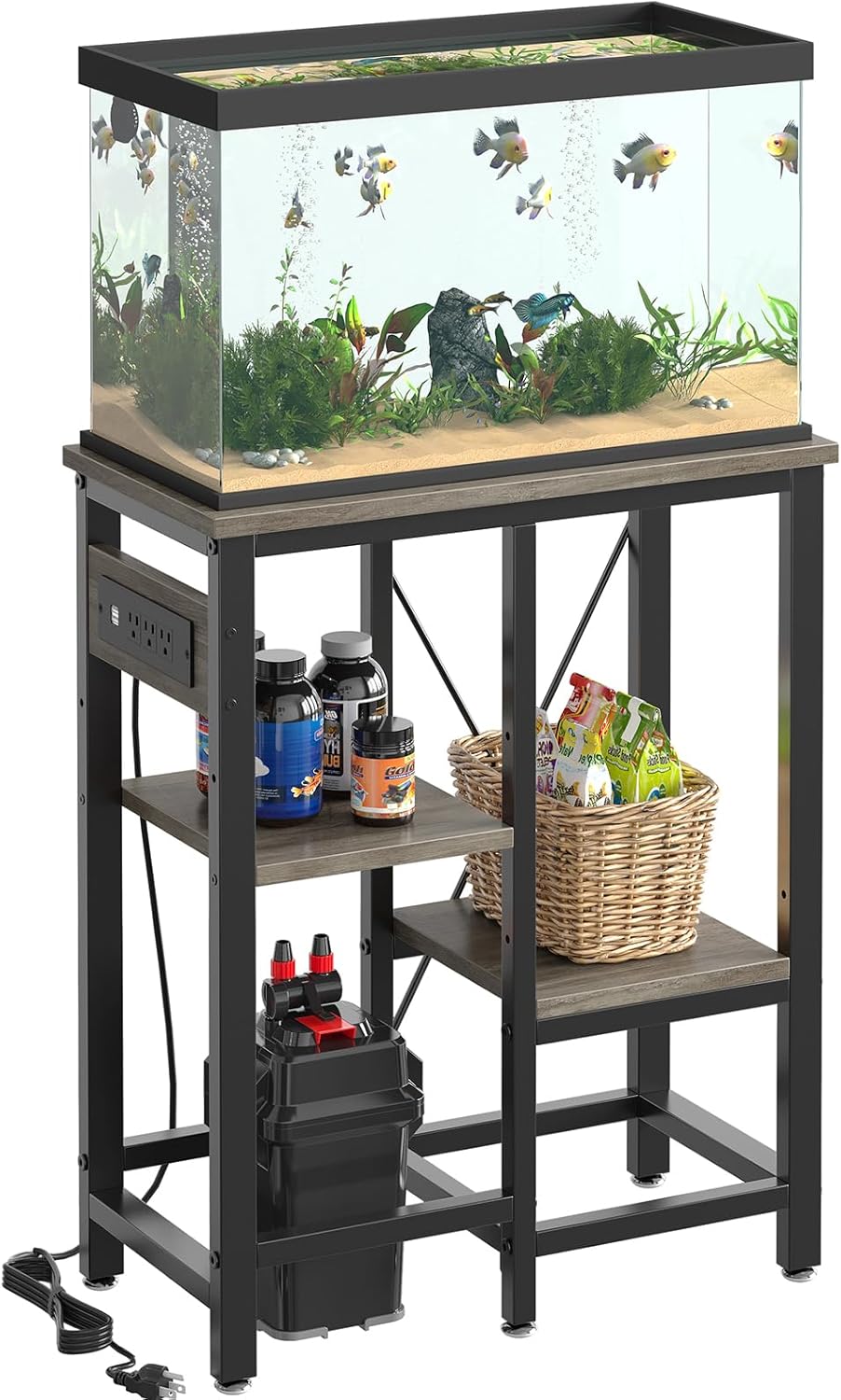 10 Gallon Fish Tank Stand with Power Outlets, 20 x10 Metal Aquarium Stand with 3-Tiers Adjustable Storage Shelves, 6-Legs Reptile Terrarium Stand, 264 LBs