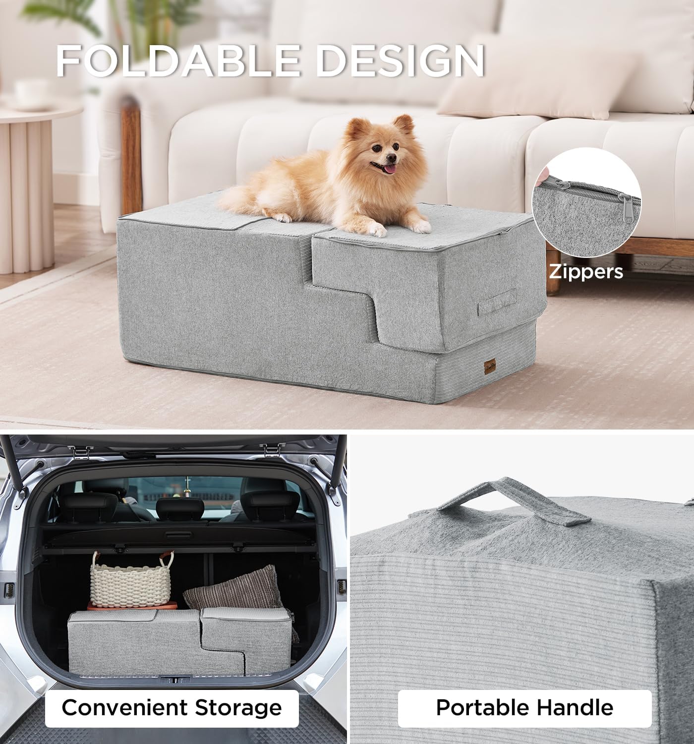 Made4Pets Dog Steps for Bed, Extra Wide Dog Stairs for High Bed Couch Sofa, 35D Foam Pet Steps for Small Dogs and Cats, Non-Slip Bottom Pet Stairs, Light Grey, 4 Steps - Pet Explorer