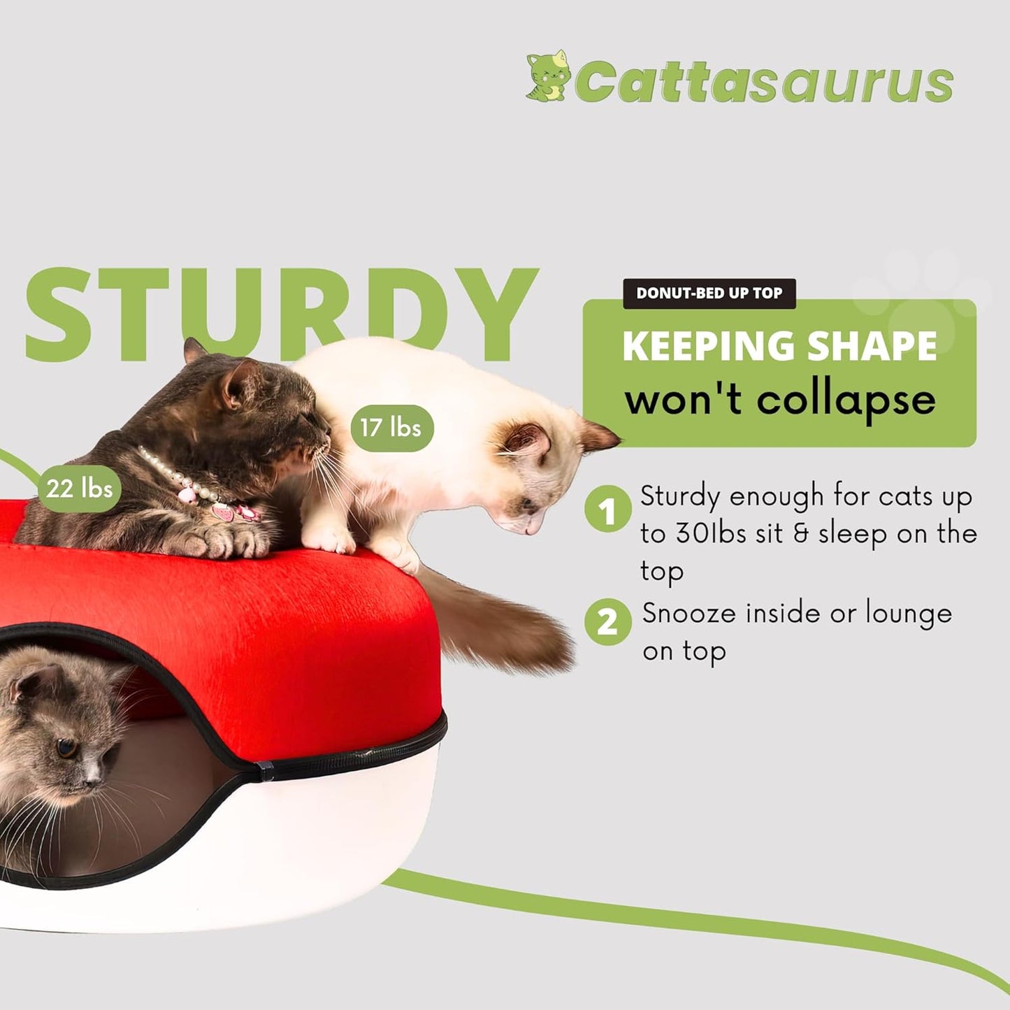 Cattasaurus Peekaboo Cat Cave, Extra Spacious for Multiple & Large Cats 12+ lbs, Scratch Detachable Cat Beds for Indoor Cats, Washable Tunnel Bed, Comfy Cat Donut Tunnel (Ruby Snowball, Jumbo) - Pet Explorer