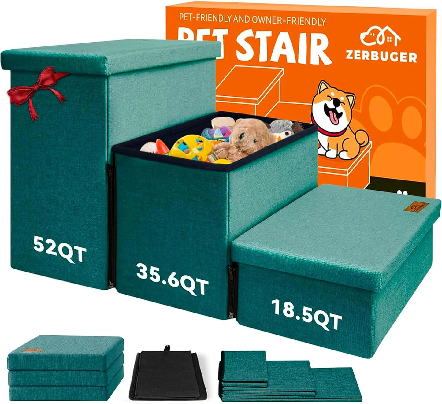 Dog Stairs with Storage 18" H, 3-Step Wider Dog Steps for Small/Medium/Large Old Dogs Cats, Folding Sturdy Pet Stairs for Climbing Bed Couch, Ramp for Car Hold Up to 200 lbs, Dark Green - Pet Explorer