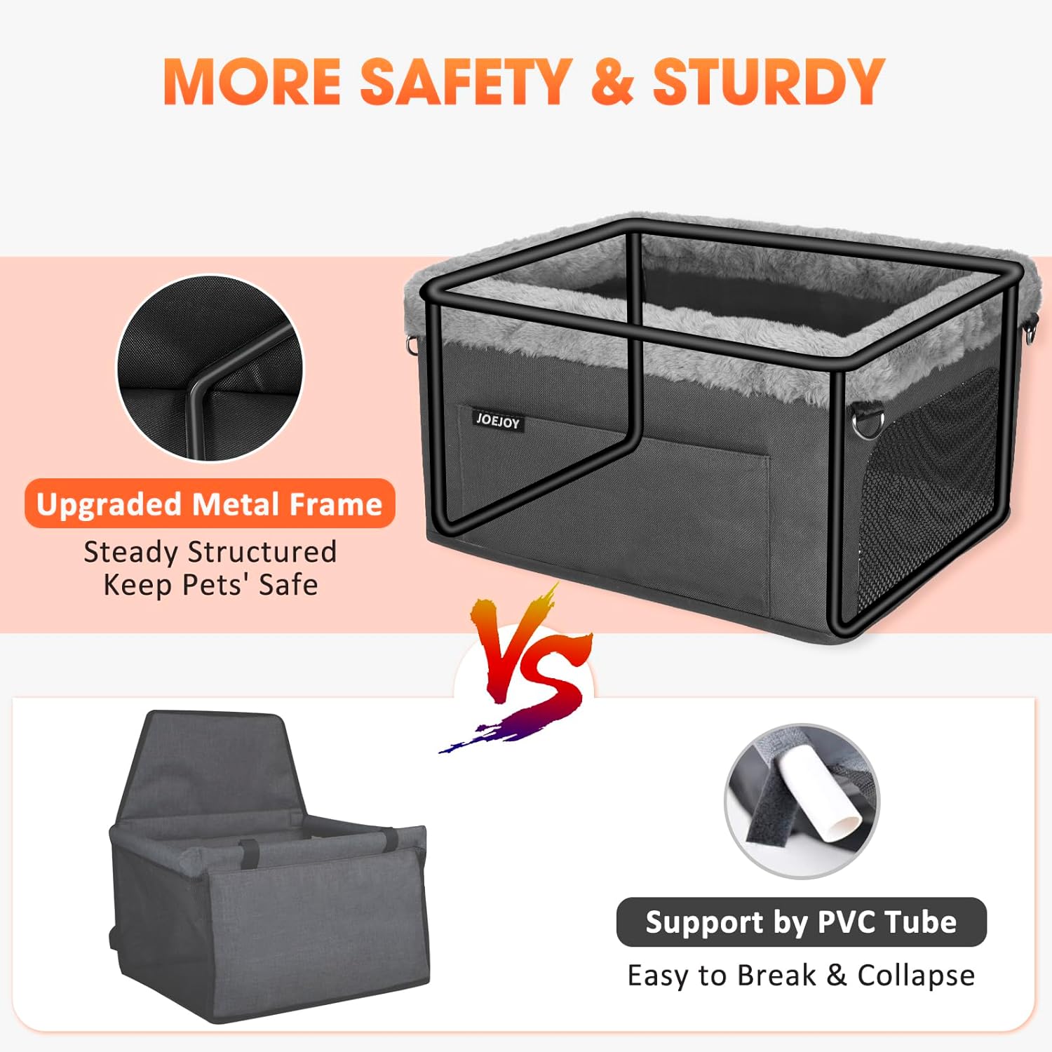 JOEJOY Deluxe Dog Booster Seat with Sturdy Metal Frame and Safety Leash for Small Pets up to 20 lbs - Portable Puppy Dog Car Seat with Thick Cushion and Storage Pockets for Small Dogs, Black - Pet Explorer