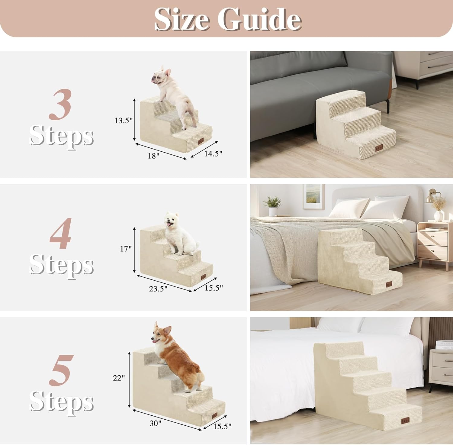 GGIB Dog Stairs for Small Dogs Pet Stairs for Sofa Couch Dog Ramp Pet Steps with Removable Washable Cover, Beige, 22" H, 5-Step - Pet Explorer