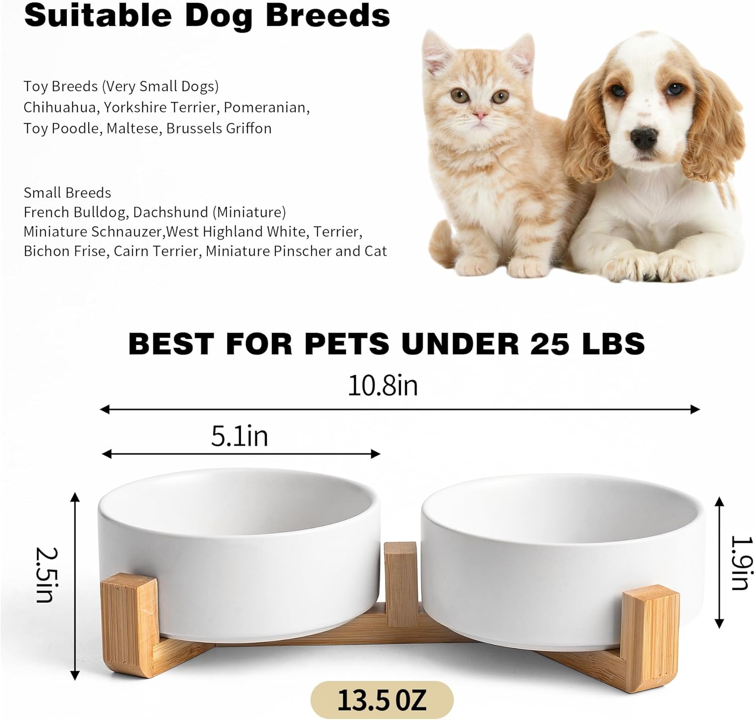 White Ceramic Dog & Cat Bowl Set – 13.5 OZ with Wooden Stand, Non-Slip, Elevated Design for Small Dogs & Cats – 2 Bowls (Food & Water, Ceramic Pet Bowls, Modern Dog Bowls) - Pet Explorer