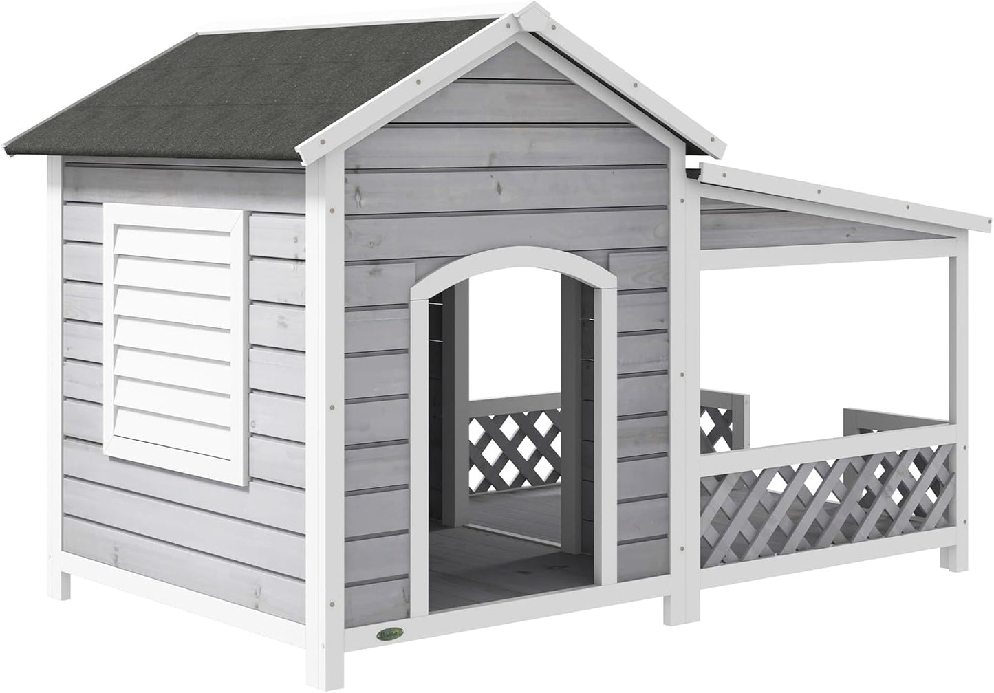 PawHut Wooden Dog House Outdoor with Porch, Cabin Style Raised Dog Shelter with Asphalt Roof, Doors, and Shutter Window, for Medium Large Sized Dog, Light Gray - Pet Explorer