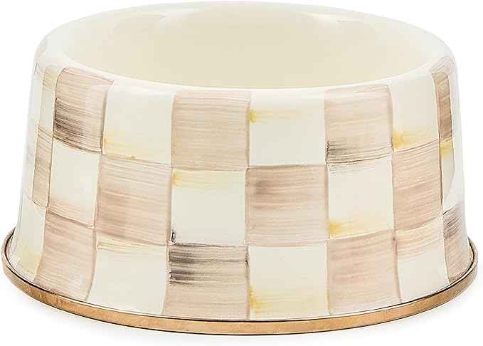 MACKENZIE-CHILDS Enamel Pet Bowl, Cute Cat and Dog Bowl for Food and Water, Medium, Brown-and-White Mocha Check