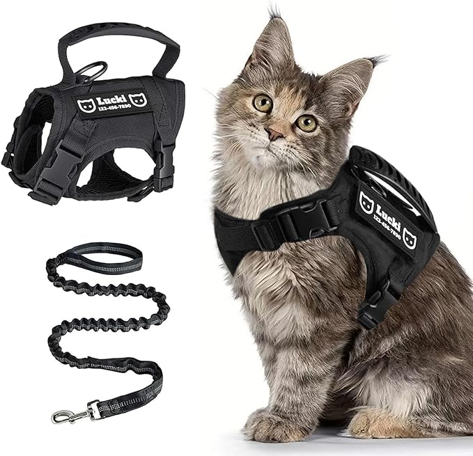 Tactical Cat Harness, Escape Proof Cat Harness with Customizable Patches, Adjustable Military Style Design, Optional Leash (Black)