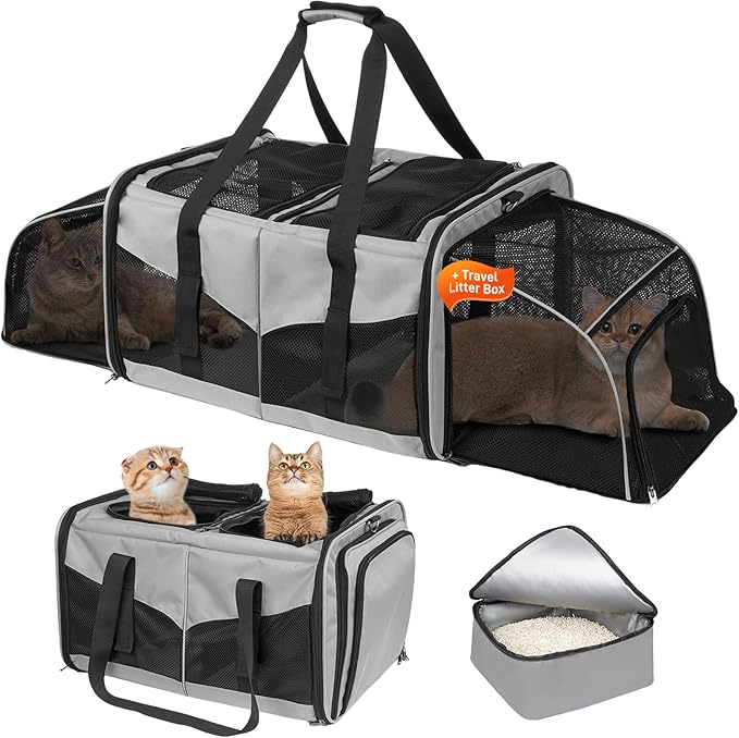 Large Cat Carrier for 2 Cats, Expandable Cat Carrier with Litter Box, Pet Carrier for Car Travel Built-in Removable Divider, Foldable Soft Cat Crate with Breathable Mesh with Breathable Mesh, Grey