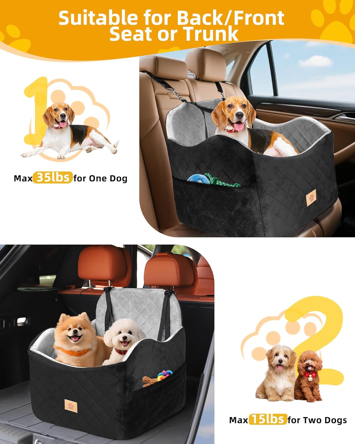 Car Seat Booster for Dog: High-Support Memory Foam Pet Car Seat for Small/Medium Dogs Under 35lbs with Elevated Cushion, Pockets - Detachable Washable Puppy Travel Bed for Driving(Black/Grey) - Pet Explorer