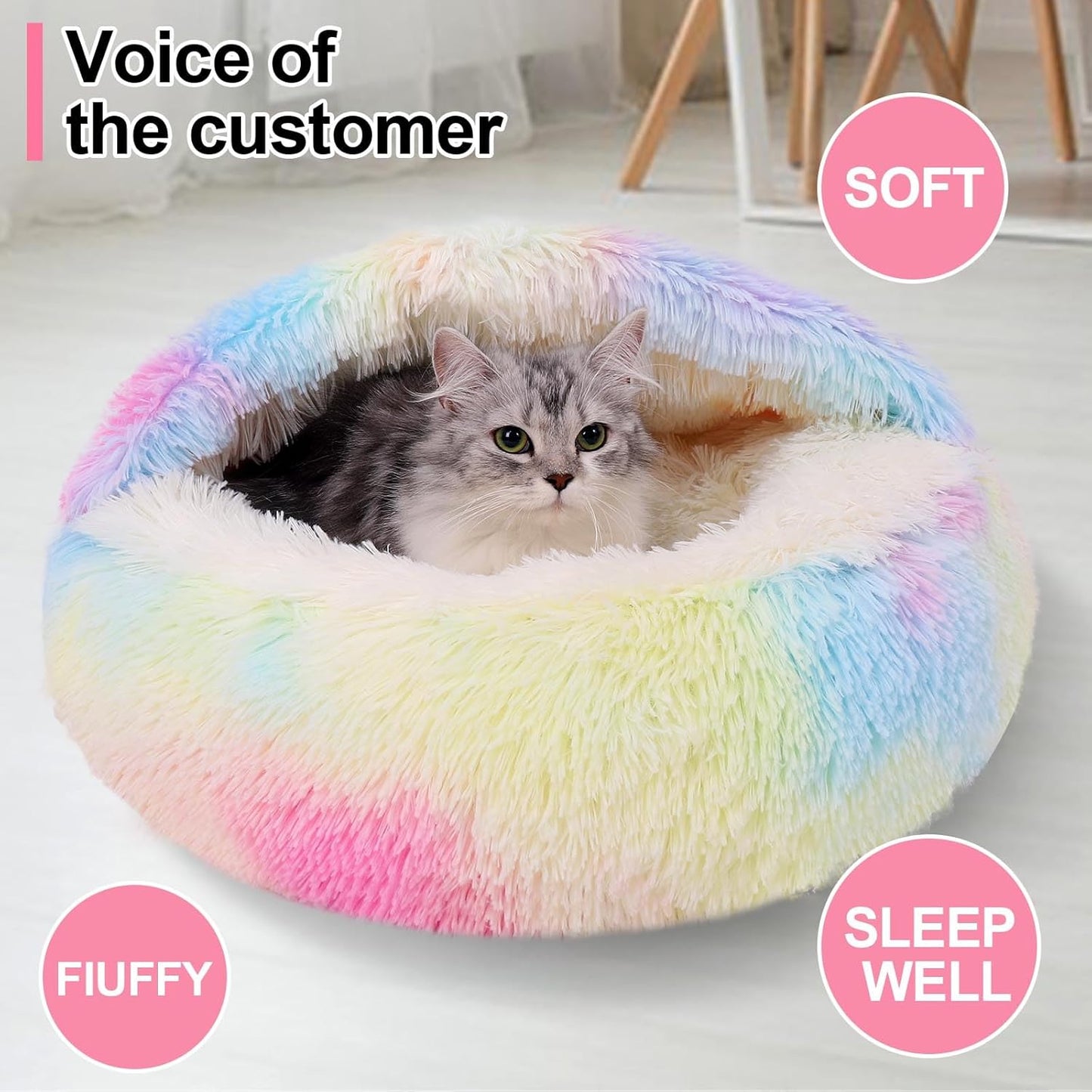 Calming Dog Beds & Cat Cave Bed with Hooded Cover,Removable Washable Round Beds for Small Medium Pets,Anti-Slip Faux Fur Fluffy Coved Bed for Improved Sleep,Fits up to 15/25 lbs(Colorful,M) - Pet Explorer