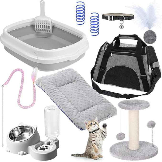 Eccliy Kitten Starter Kit, 10 Pcs Cat Starter Kit for Indoor Cats Kitten Essentials Includes Litter Box, Pet Toy, Folding Carrier, Climbing Frame, Mat, Collar, Automatic Food Bow(Cute,Gray)