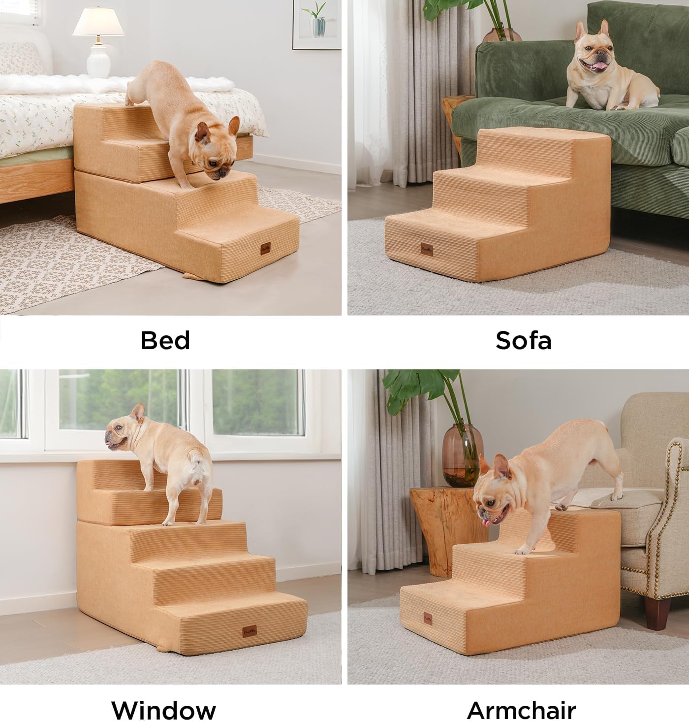 Made4Pets Dog Stairs for Small Dogs, Extra Wide Dog Steps for Bed Couch Sofa and Chair, 35D Foam Pet Steps for Small Dogs and Cats, Non-Slip Bottom Pet Stairs, Tan, 3 Steps - Pet Explorer