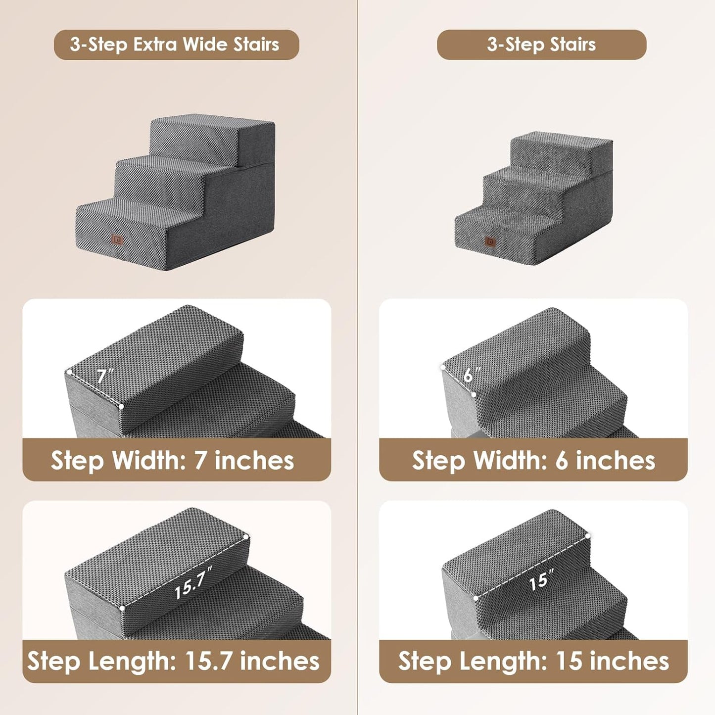 EHEYCIGA Dog Stairs for Small Dogs 16.5" H, 3-Step Extra Wide Dog Steps for Couch Sofa and Chair, Pet Steps for Medium Cats, Non-Slip Balanced Pet Ramp Indoor, Grey - Pet Explorer