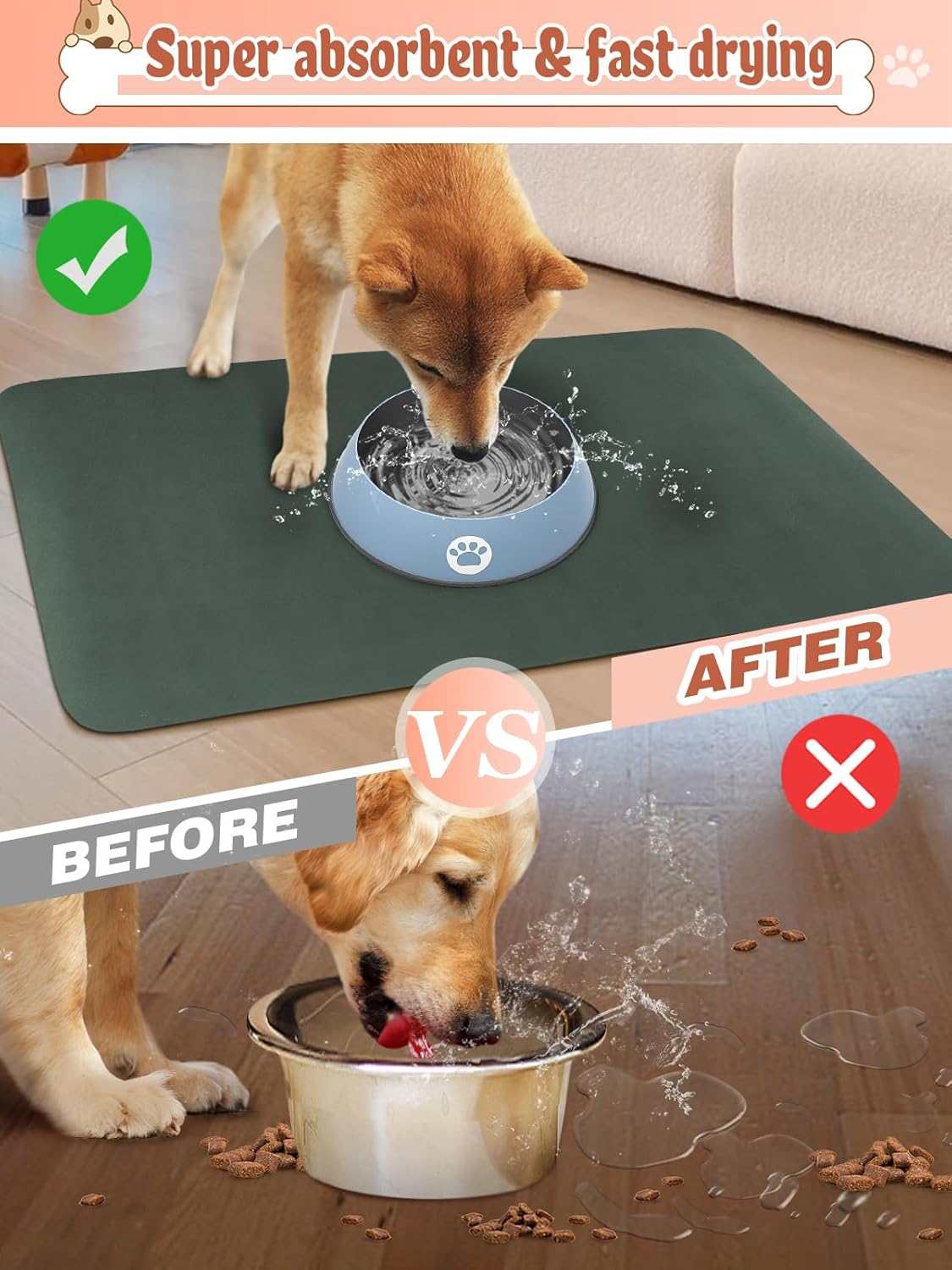 Quick Dry Absorbent Dog Food Mat, 24 x 16 in Diatom Mud Dog Water Bowl Mat, No Messy Anti-Slip Pet Feeding Mat for Medium and Large Dogs - Pet Explorer