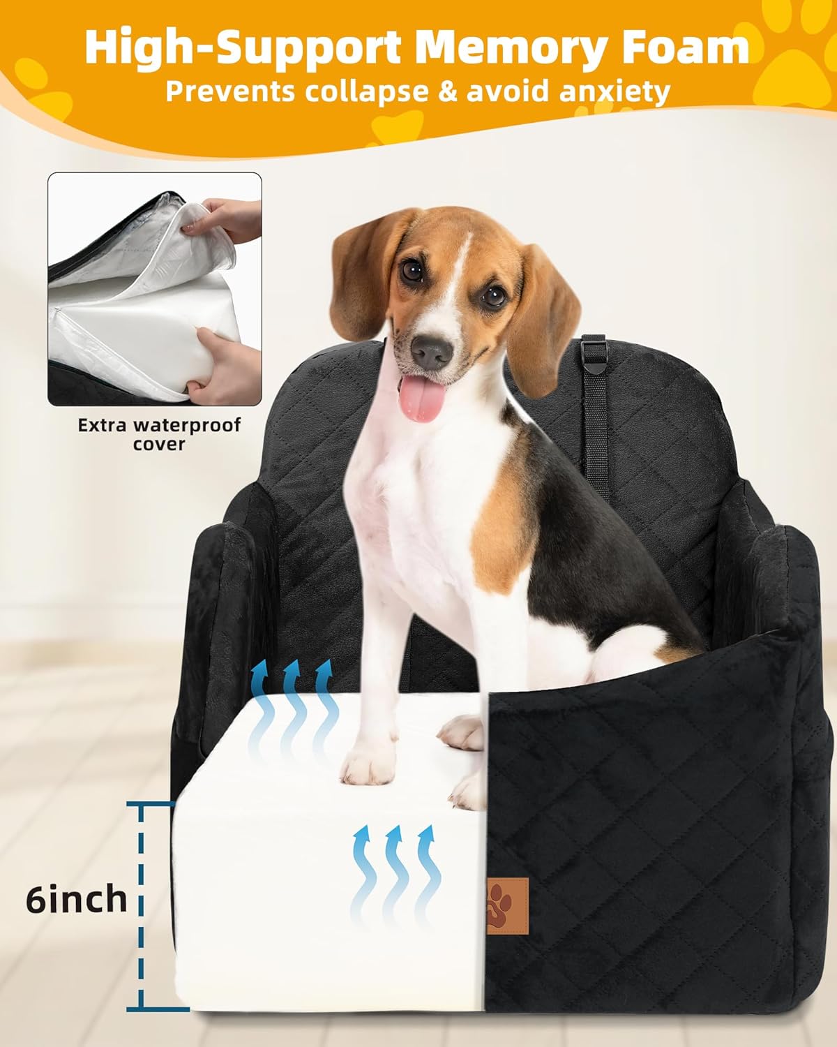 Car Seat Booster for Dog: High-Support Memory Foam Pet Car Seat for Small/Medium Dogs Under 35lbs with Elevated Cushion - Detachable Washable Puppy Travel Bed for Driving with Pockets (Black) - Pet Explorer