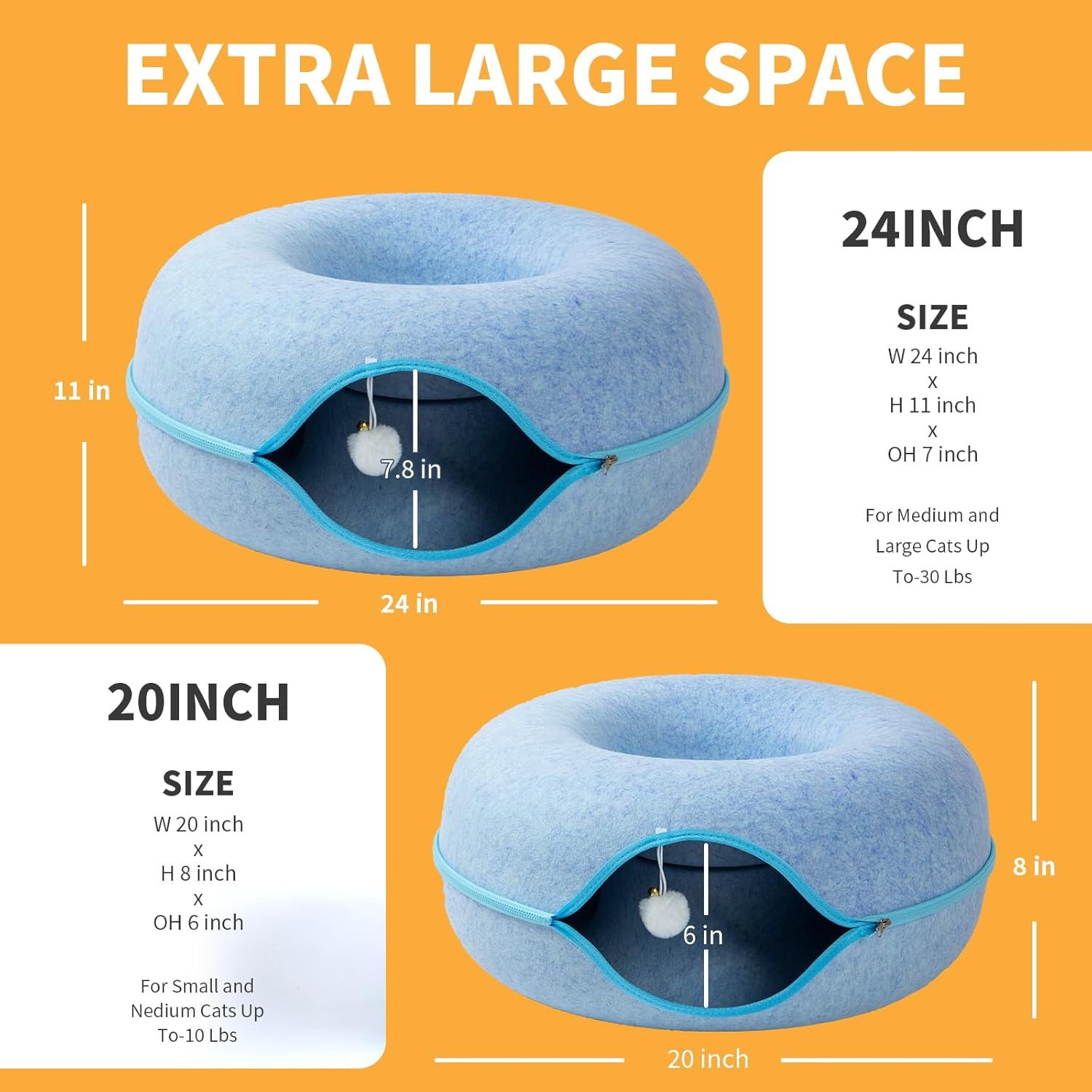 Jia Xi Cat Tunnel Bed and Hideout, Large Indoor Cat Condo with Cave (24 inch, Blue) - Pet Explorer